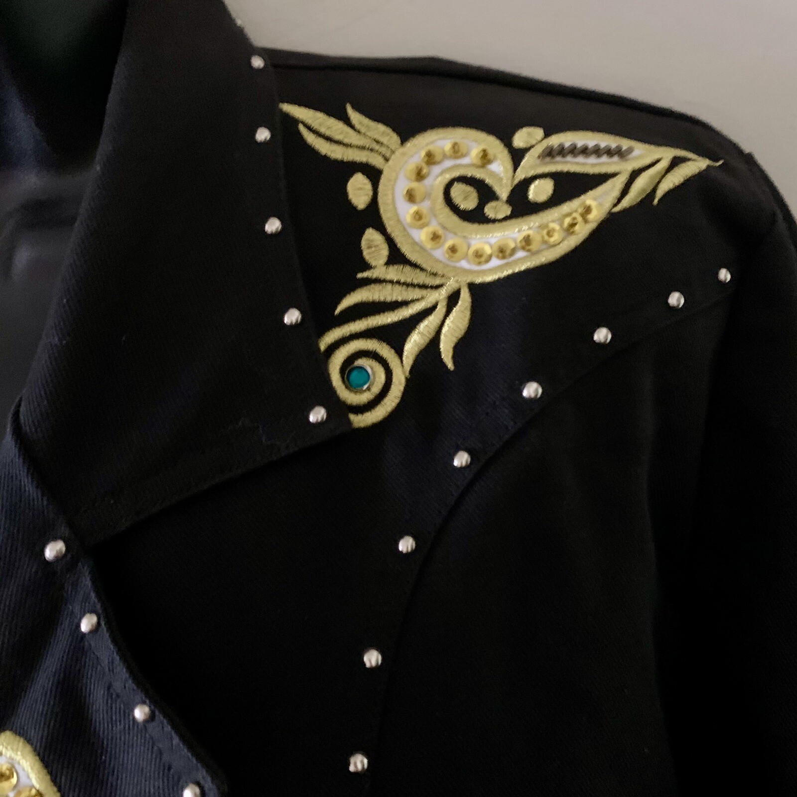 Vintage JenJen by Darian Blazer Black Denim Gold Embroidery Rhinestone Studded M