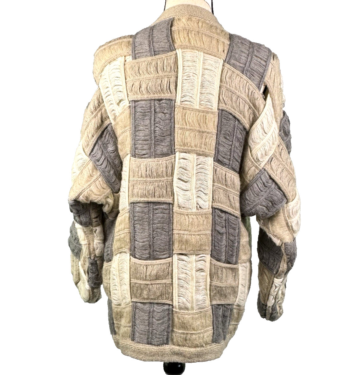 Textured Cardigan Sweater Mohair Patchwork Neutrals Vtg 80s Women Sz M Quiet Lux