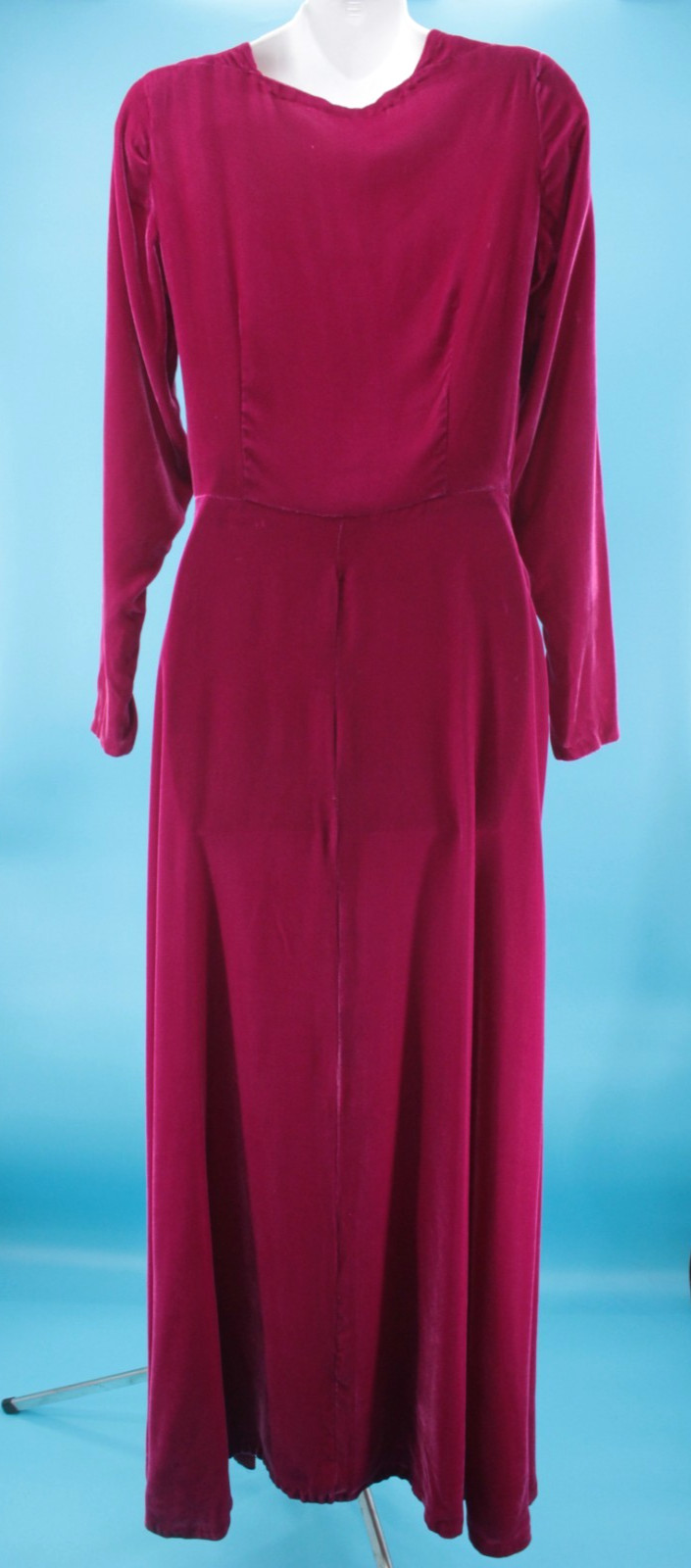 Vtg 30s Dark Fuchsia Velvet Maxi Dress W/ Ruched Bust & Sleeves Sz S 1930s