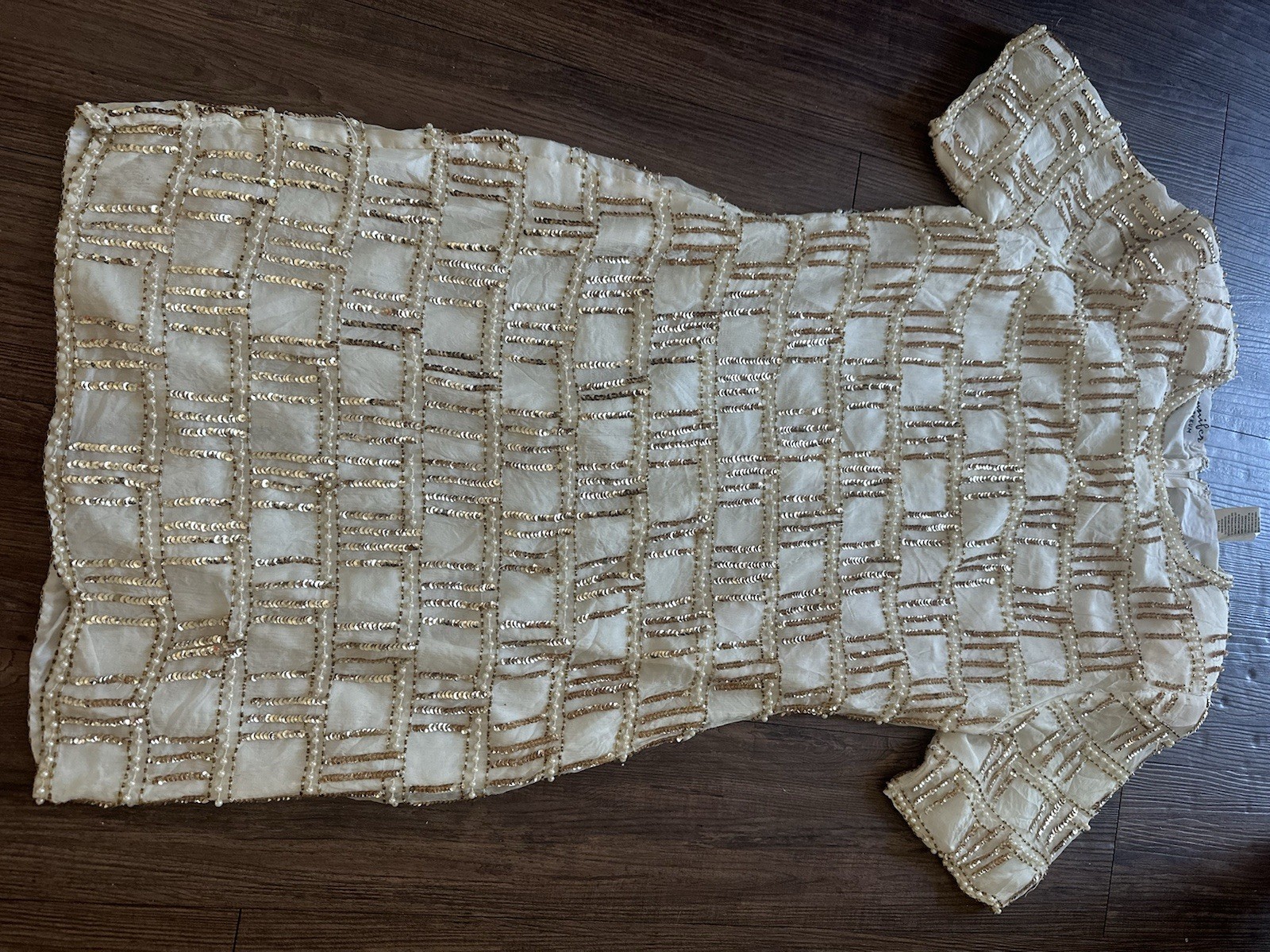Vintage 90s Beige Silk Beaded Cocktail Dress Jennifer KVM M