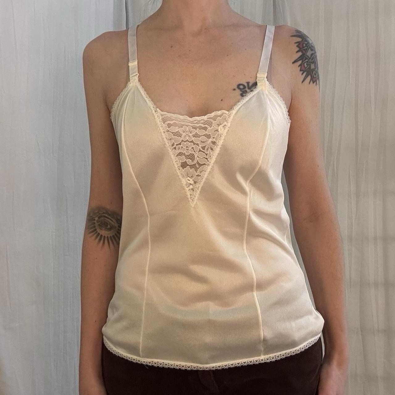 Cream Lace V-Inset And Trim Camisole Lingerie Vintage 60s/70s Coquette Mod Small