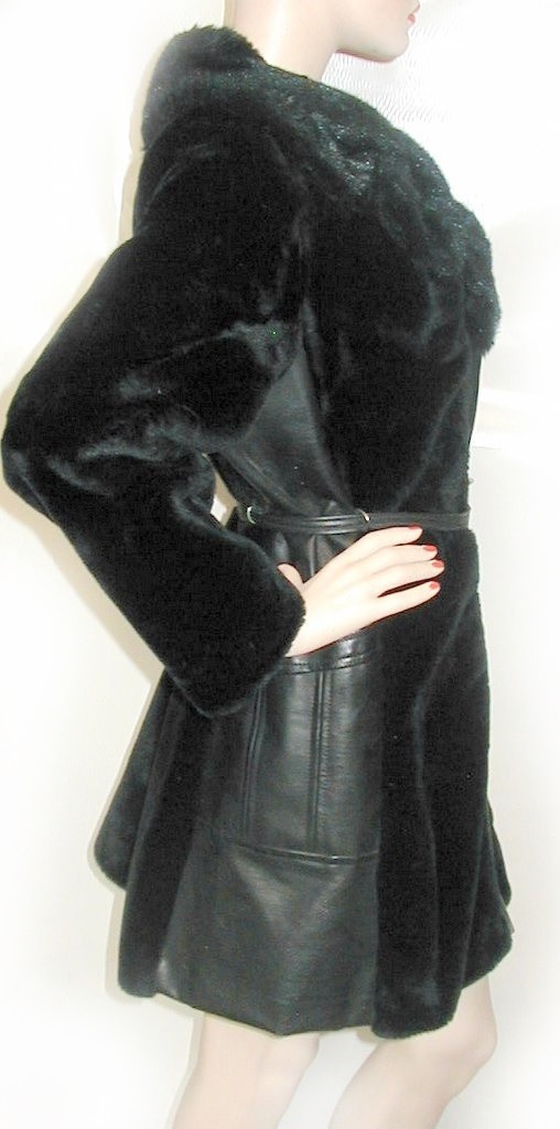 Vintage 1960s BLACK FAUX FUR COAT w/ Faux Leather Trim 40B TWIST LOCK Closures