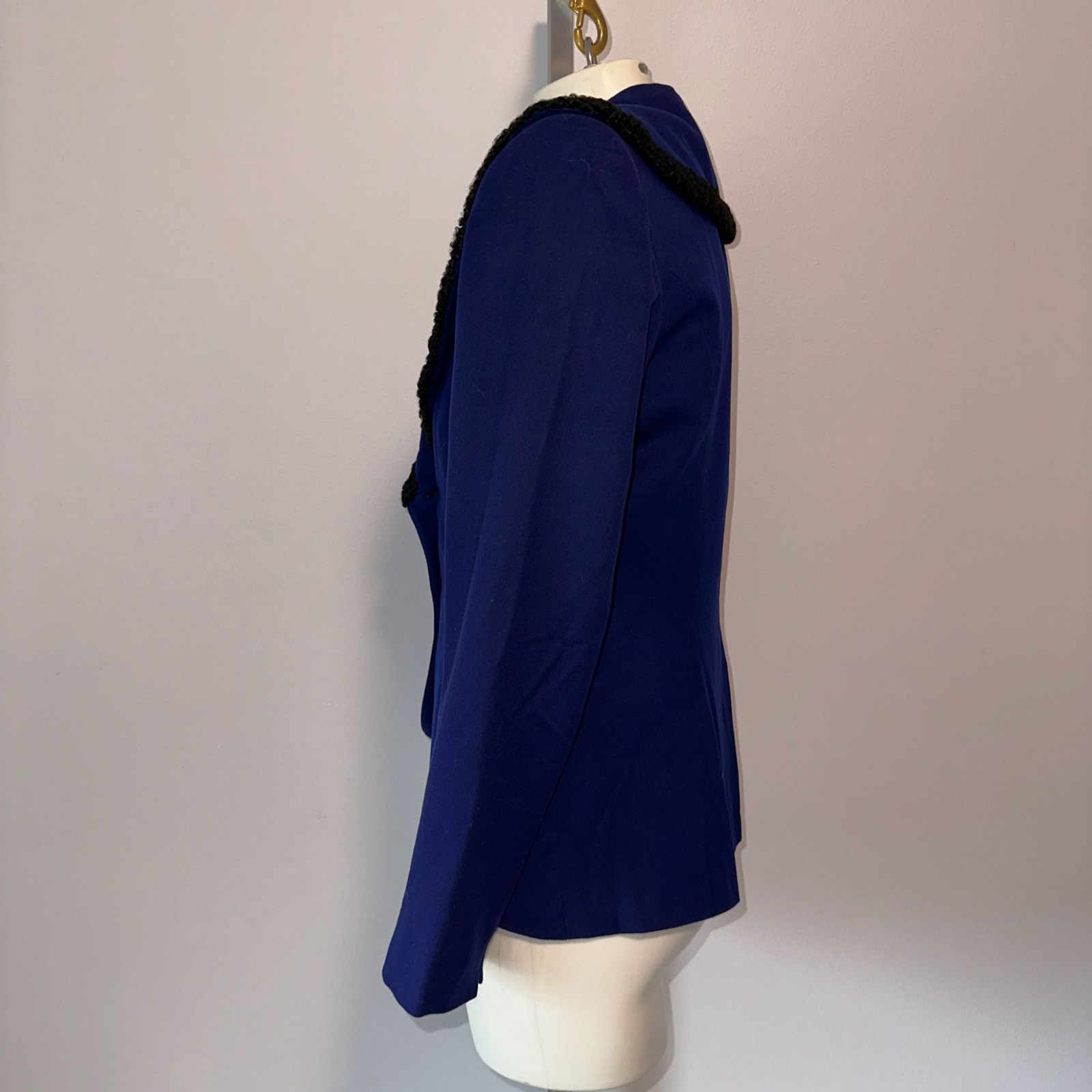Vintage 50s Navy Blue Boucle Wool Trim Black Fitted Blazer Jacket Womens Medium