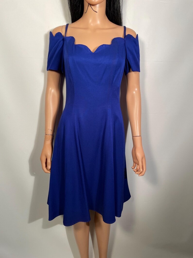 Vintage 1980s Jewel Tone Purple Off Shoulder Scalloped Collar Dress Size S/M