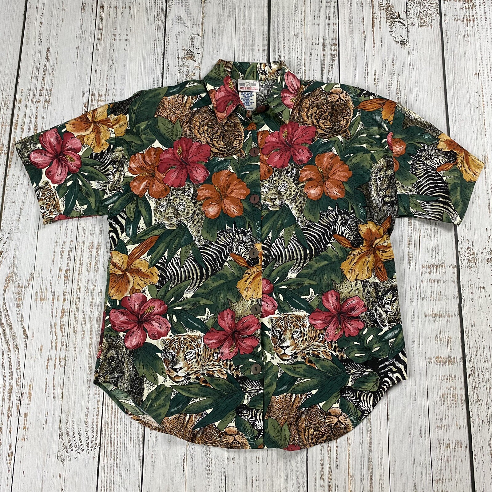 VTG 90S HAWAIIAN PRINT GREEN FLORAL TIGER ANIMAL BLOUSE SHIRT WOMENS MEDIUM