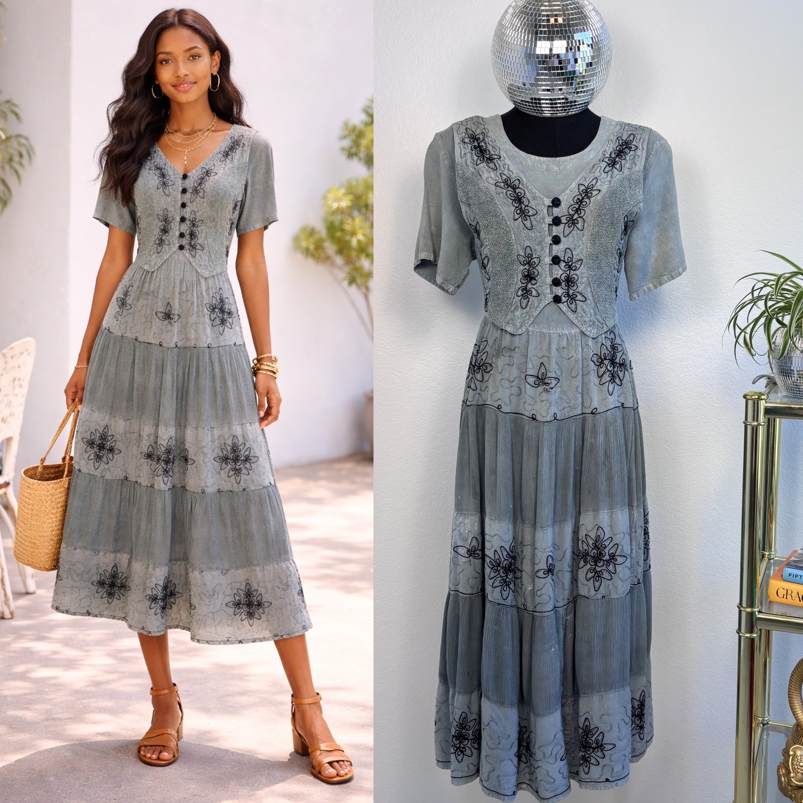 Vintage Cottage Blue Grey Embroidered Tiered Midi Dress, Medium Boho Ren Faire
