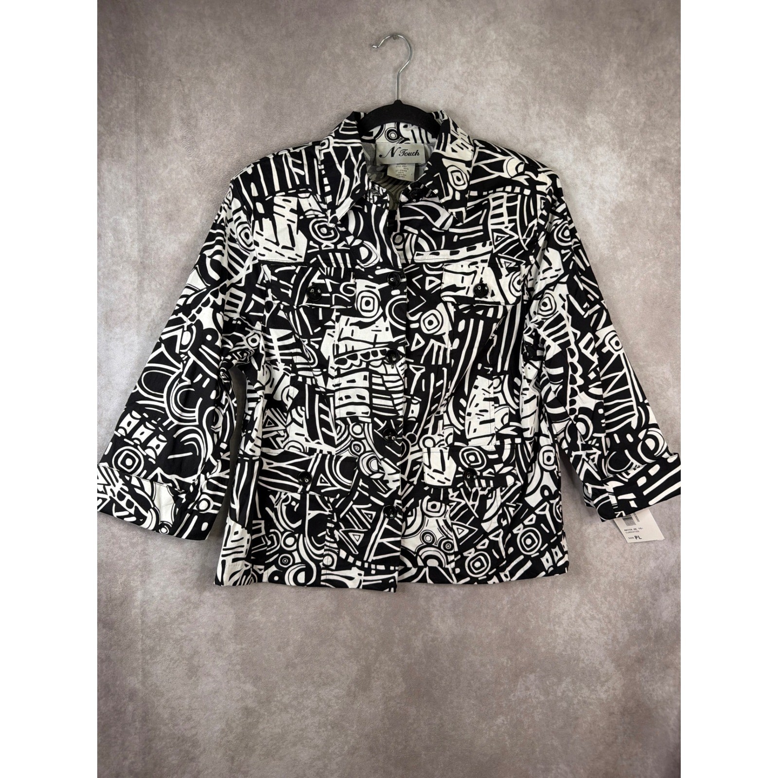 NWT VTG N Touch Jacket Set Women PL White Black Abstract 2pc Shell Petite