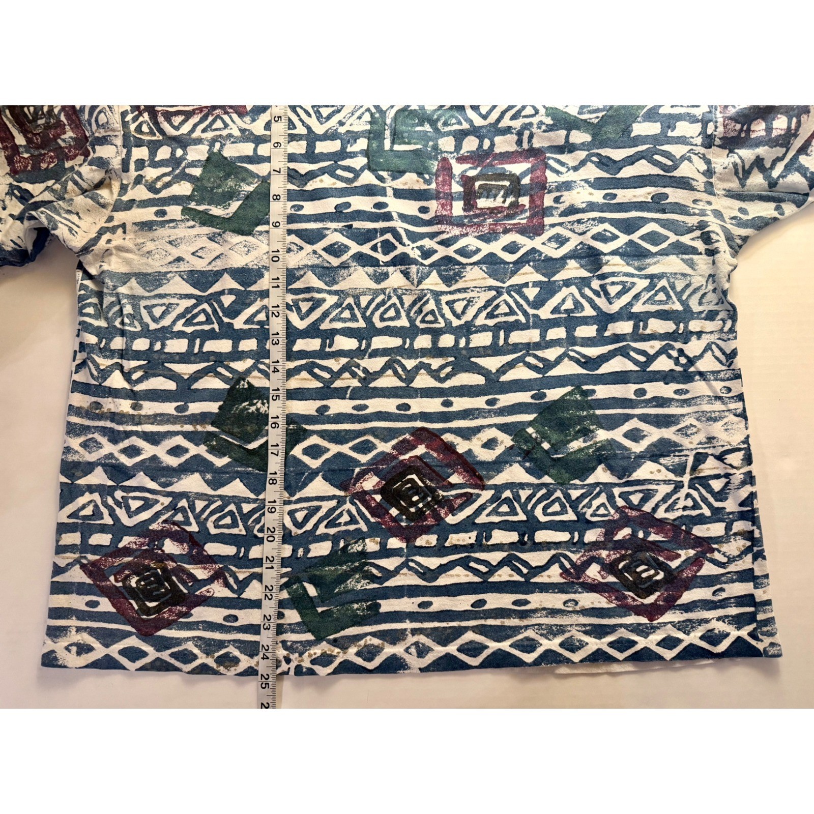 90s Vintage XL Boxy Cotton Retro Geometric Block Print Blue Purple Green Kidcore