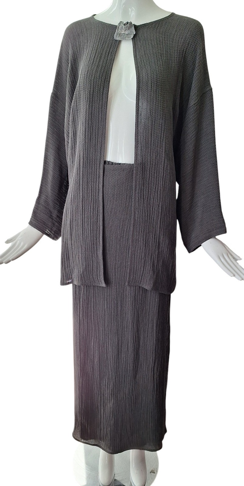 Zoran Vintage Designer Skirt Suit. Open Jacket, Wrap Skirt Gray Textured Linen M