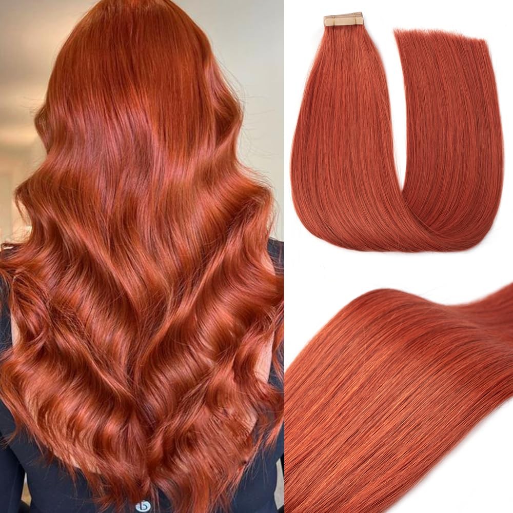Copper Remy Tape-in Hair Extensions Human Hair 20pcs 14 Inch Straight Invisible