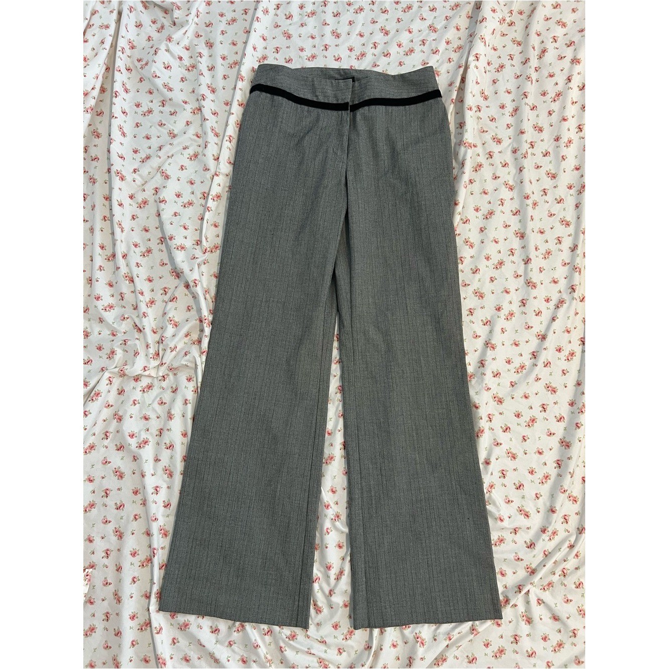 vintage y2k gray pinstripe office siren pants with black velvet waistband detail