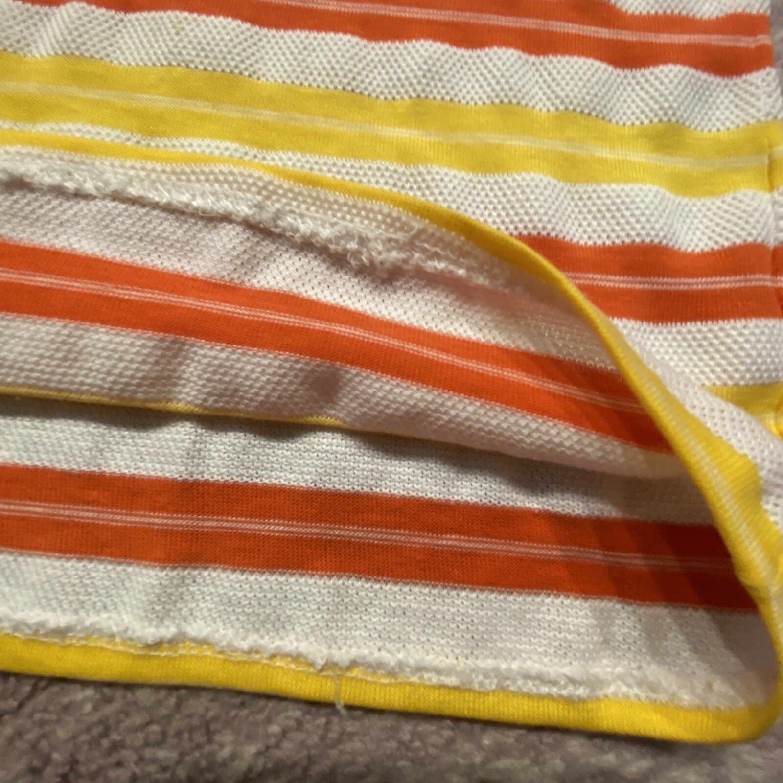 VTG Cristin Stevens Weave Netting Shirt Orange Yellow Shoulder Pads Stripe L EUC