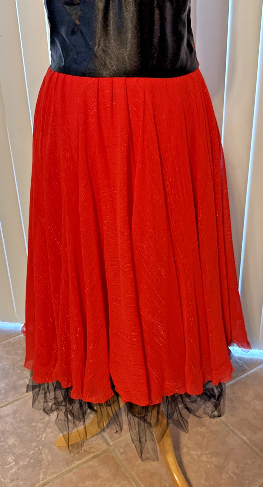 VTG 50s Marilyn Monroe Style Red Halter Midi Dress Black Tulle Cocktail Sz Small