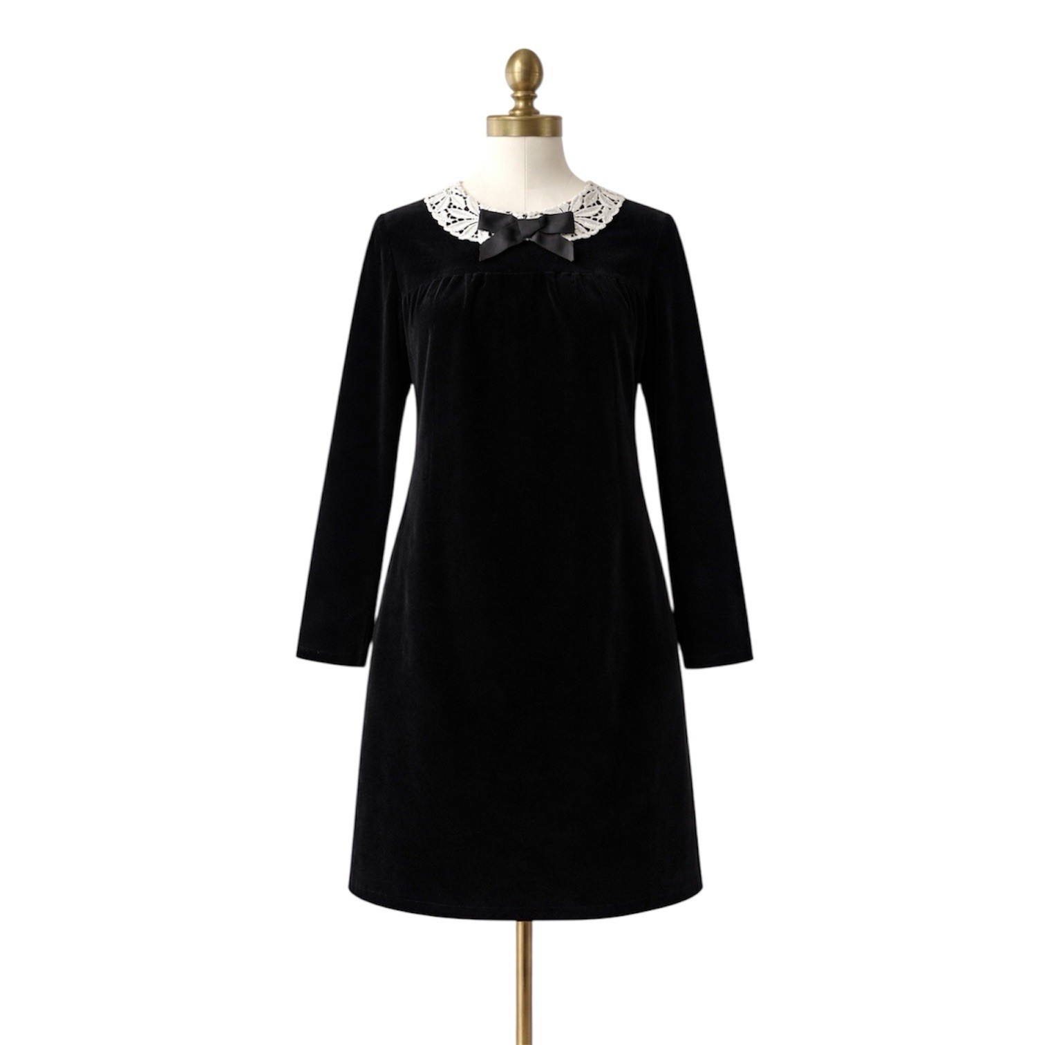 vtg 70s Connie Sage Black Structured Velvet Lace Collar Midi Shift Dress Small