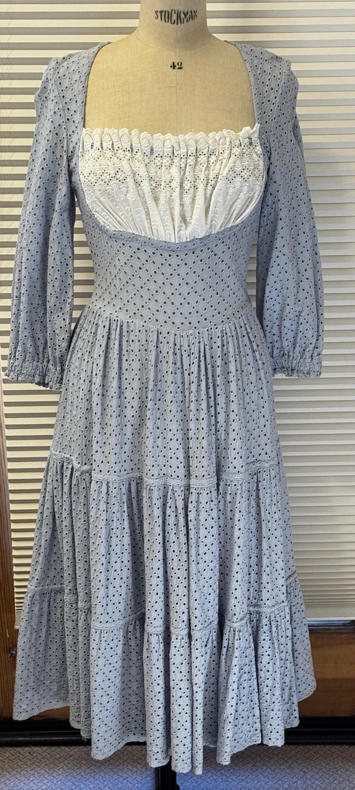 Vtg 70s Milkmaid Maxi Dress Blue Eyelet Lace Corset Peasant Boho Cottagecore S
