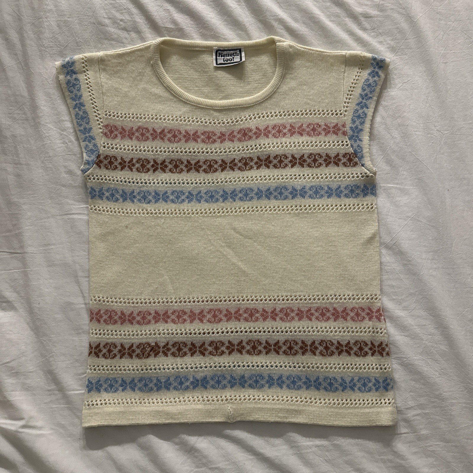 Vintage 80’s Cap Sleeve Sweater Pastel Made In USA Kenneth Too! Cream Pink Blue