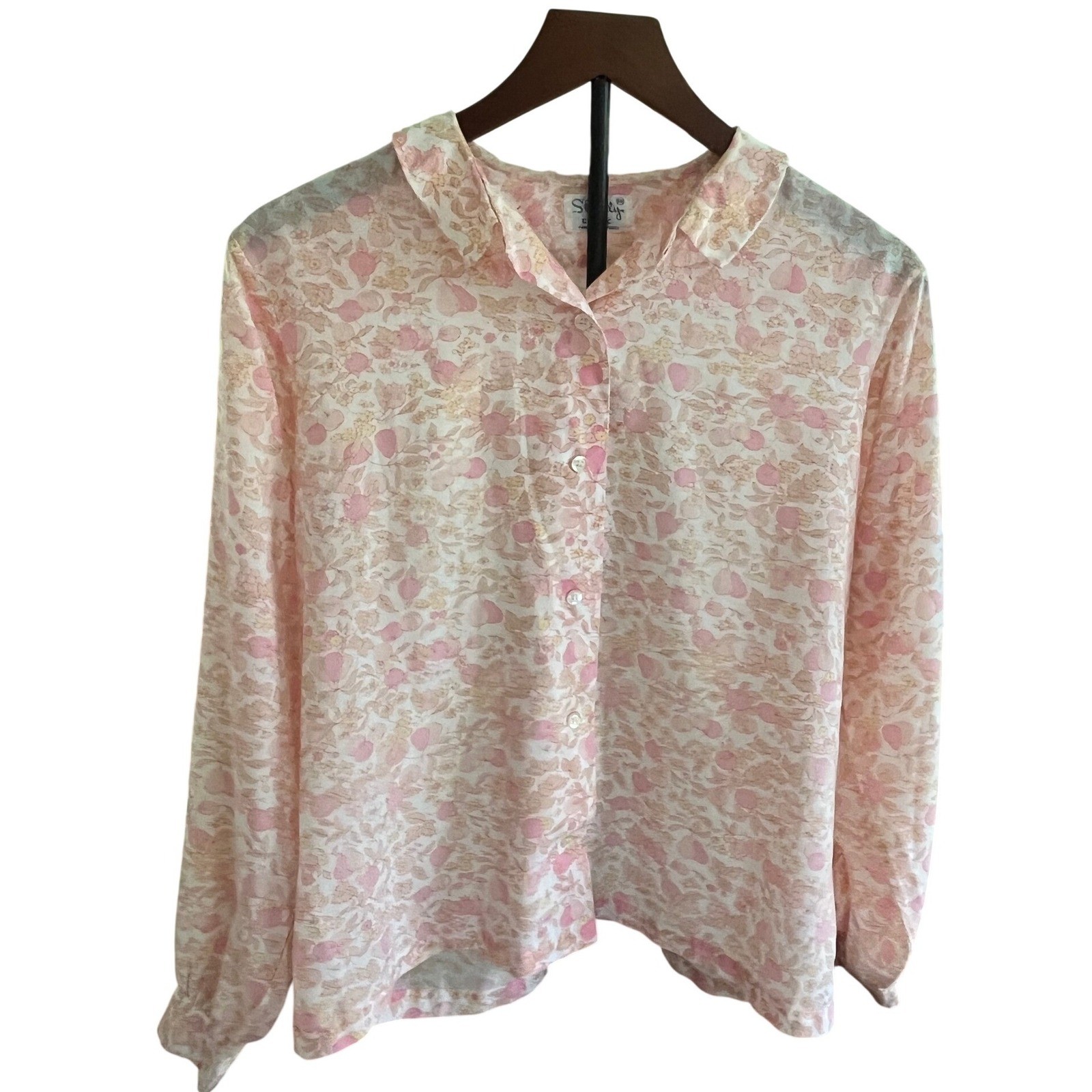 Vintage 70s Cottagecore Pink Fruit Floral Print Button Down Blouse Size M