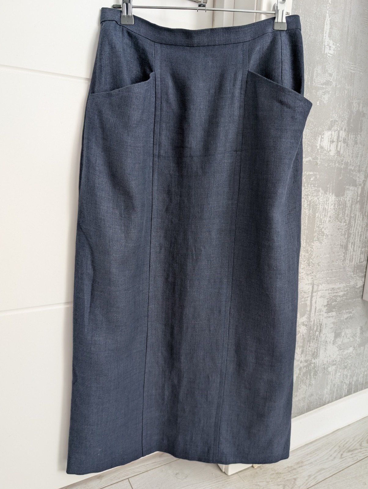 Chanel CC Button Front 98C Linen Wool Navy Blue Straight Pencil Midi Skirt 42 S