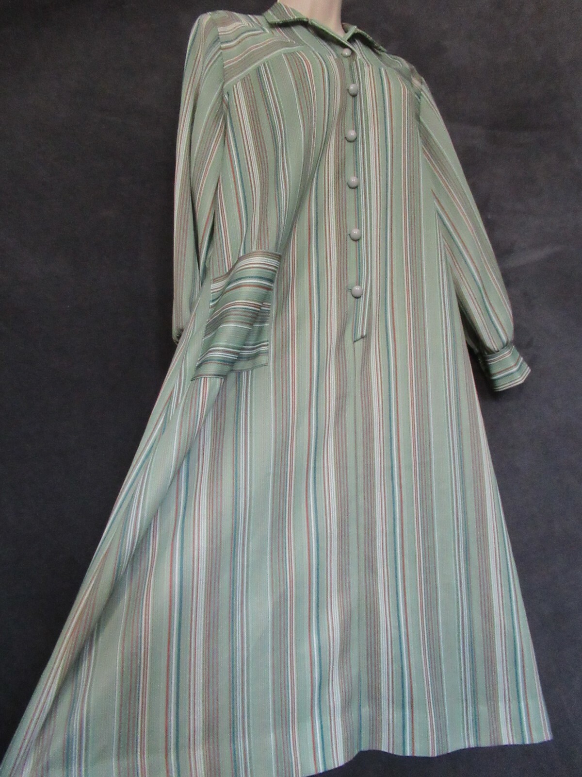 70’s Vintage Nancy Frock Green Striped Long Sleeve Shirt Dress House Lounge 18.5