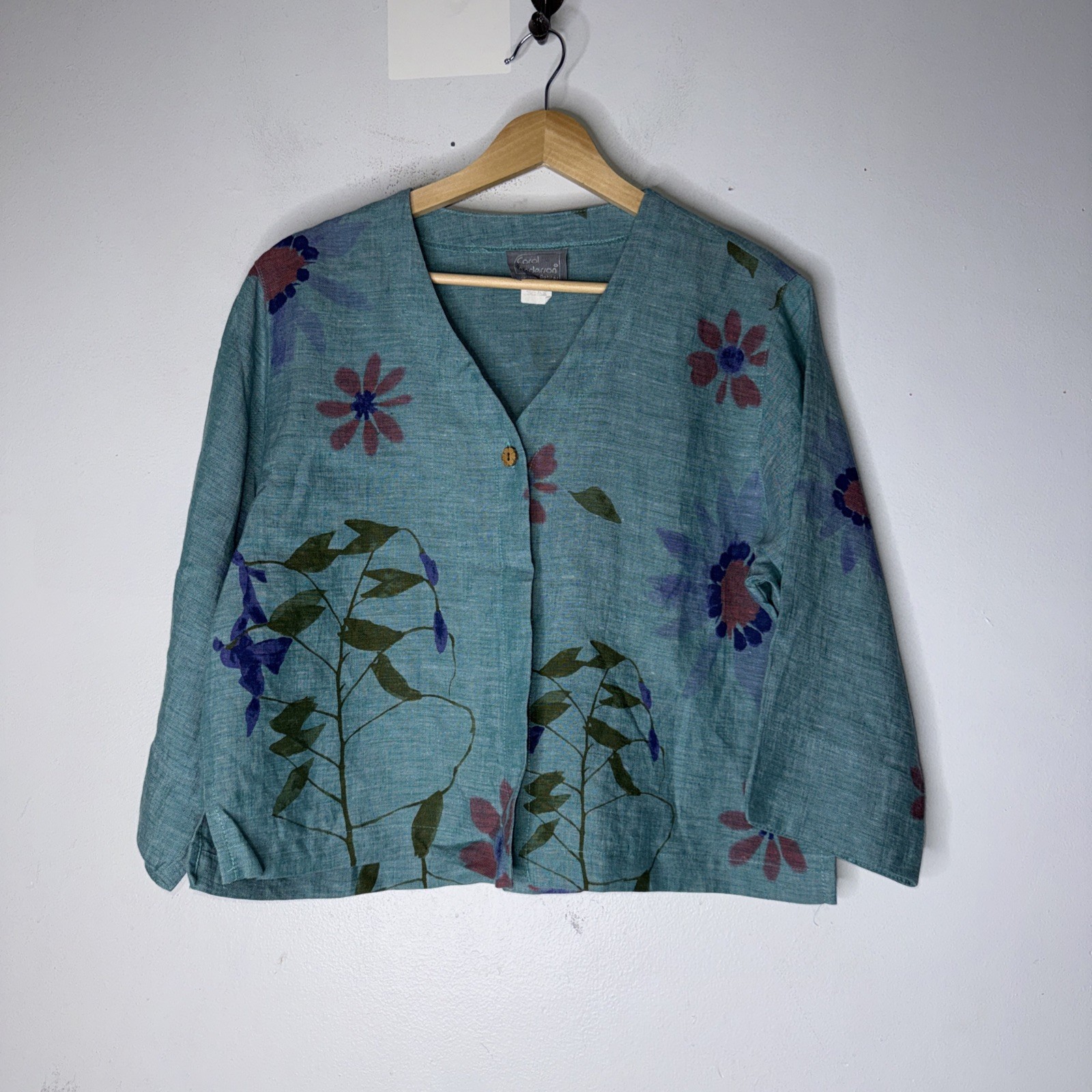 vintage carol anderson Blue Green Painted Floral Linen Single Button Top Artsy M
