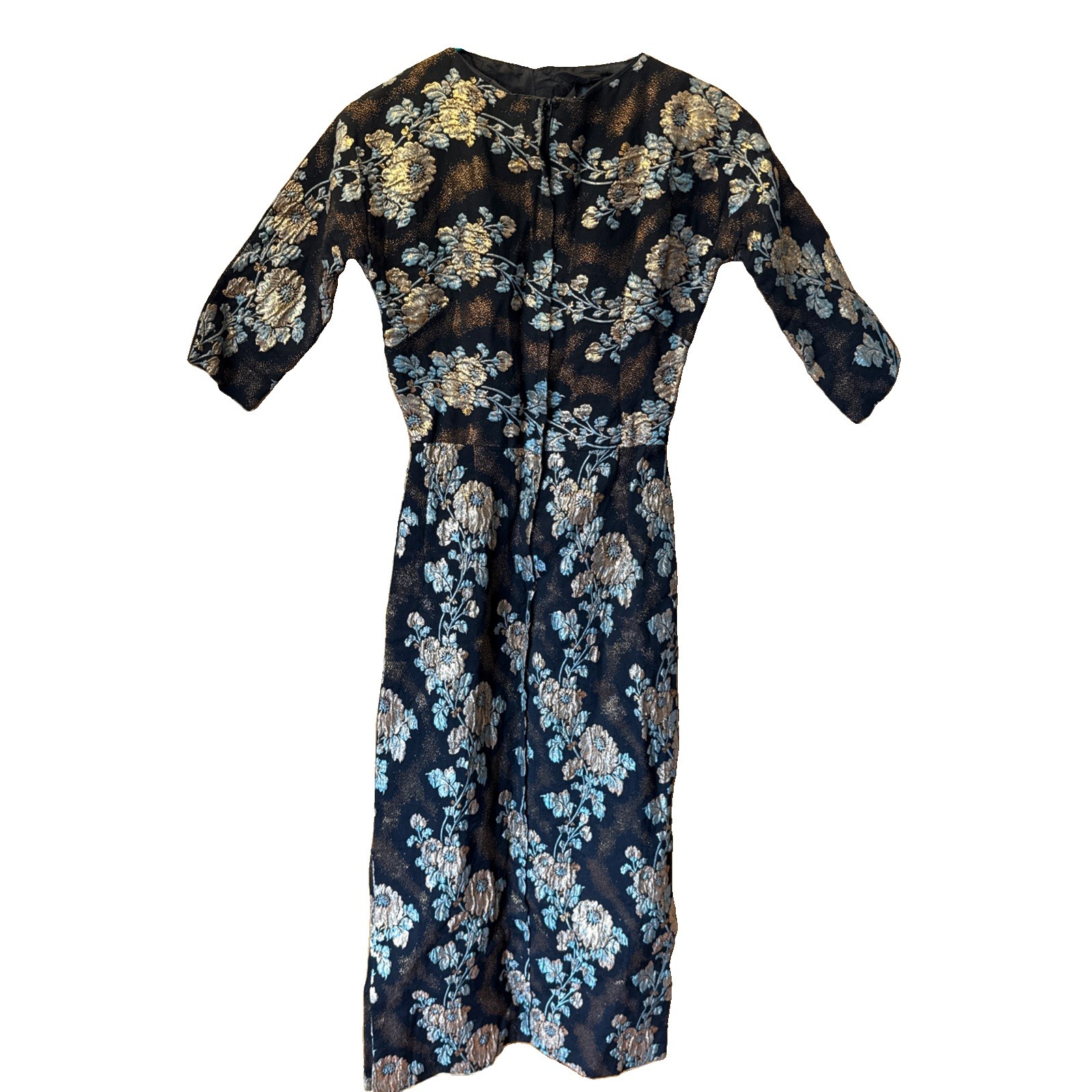 Vtg 1960s Linda of California Dress S Metallic Brocade Floral Cocktail Wiggle
