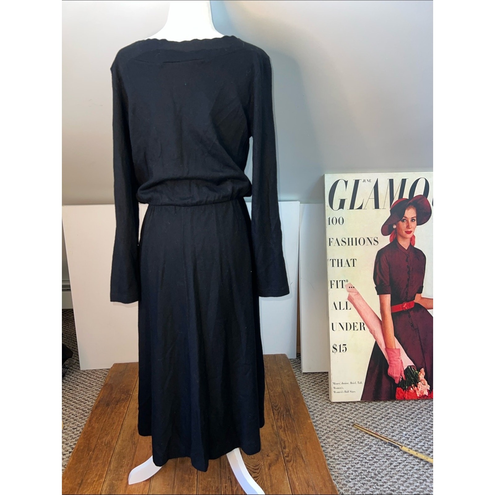 Vintage 1980s Classic Black Midi Dress Long-Sleeve wool rescue me