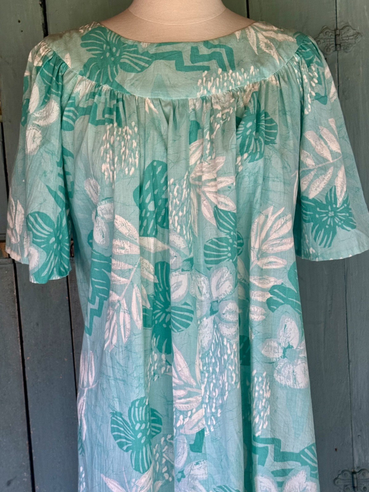 VTG 60’s BARK CLOTH HAWAIIAN MUMU Maxi Muumuu Kaftan Teal SeaGreen Bespoke S/M++
