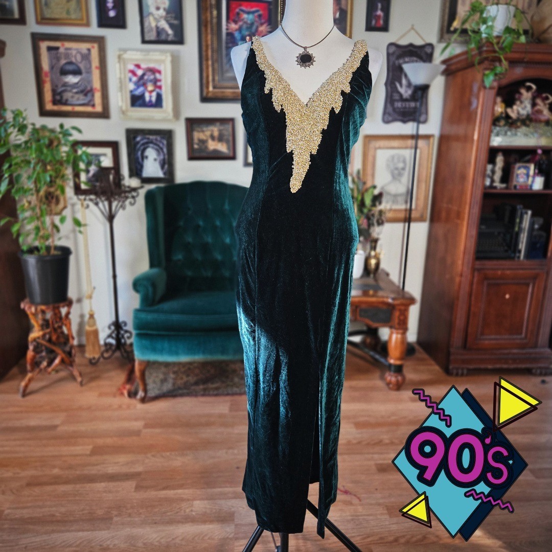 Speed Fashion Velvet Dress Vintage 90s Emerald Green Gold Beaded Maxi Gown USA
