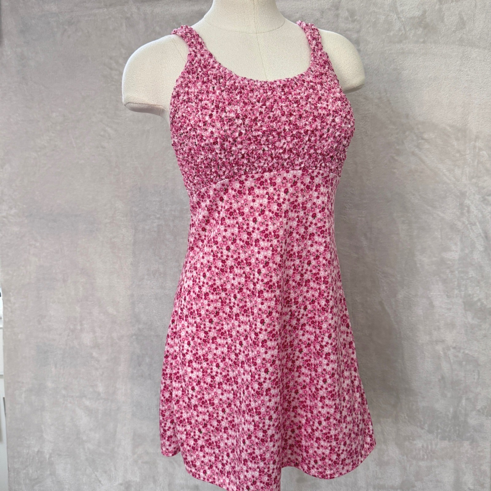 Vintage Y2K Pink Floral Popcorn Smocked Mini Dress Small Made in USA Fairy 2000s