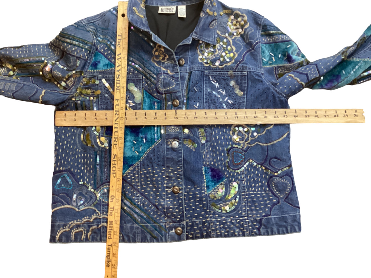 Chico’s Designs Denim Jacket Womens 3 Sequins Embroidery Beaded Boho 80’s Vtg