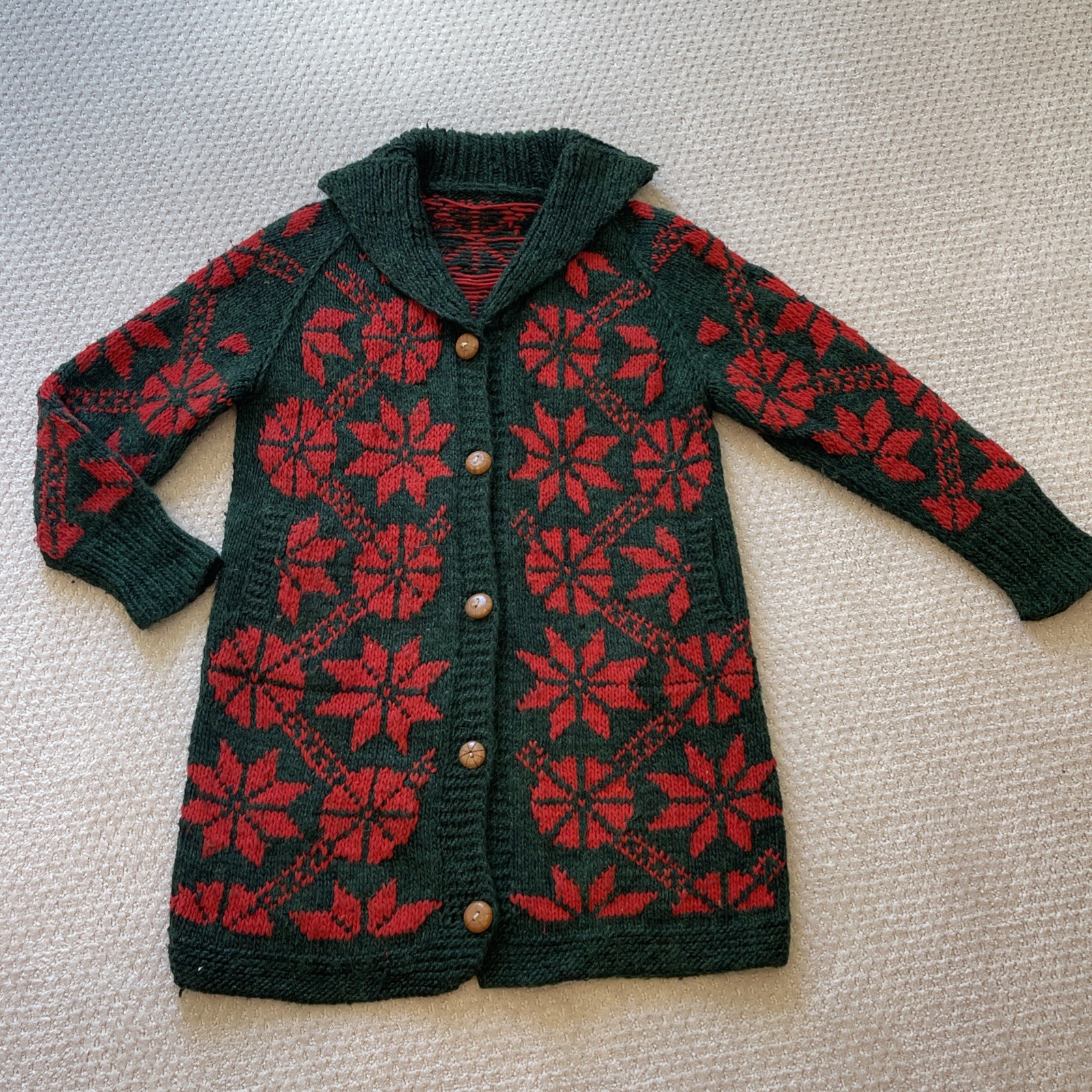 Vtg Hand Knit Handmade Cardigan Sweater Jacket Coat Sz M L Christmas Poinsettia