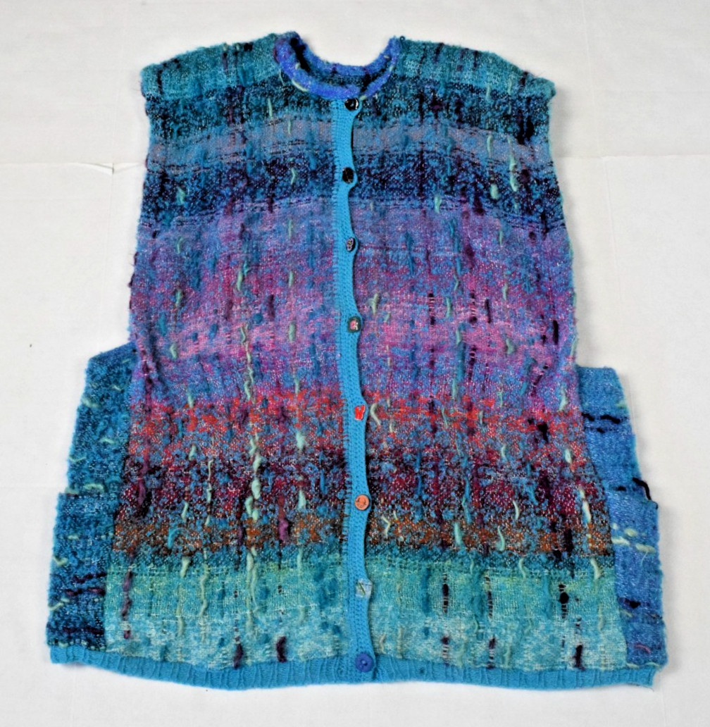Vintage Wool Smock Vest Maggie Doyle Handwoven Fiber Art 90s Turquoise Nubby