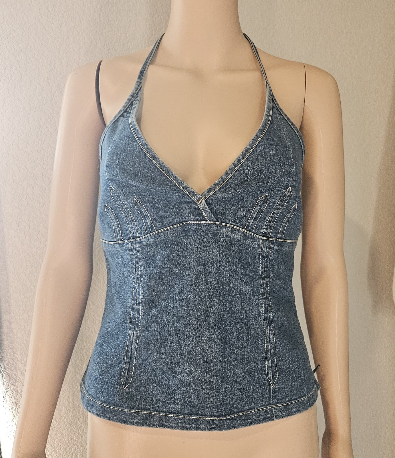 Vintage Y2K Denim Halter Top Side Brass Zipper European Size 38 Boho Western