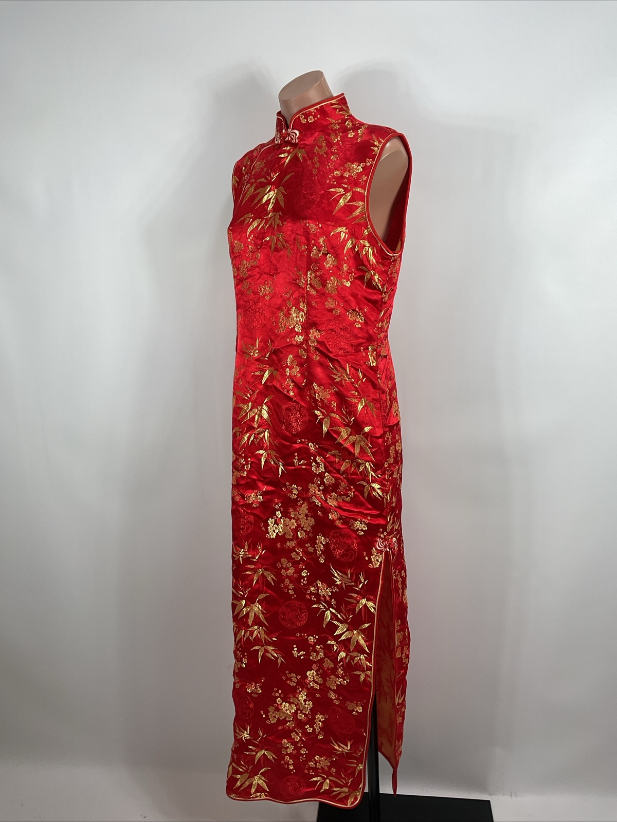 Asian Floral Cheongsam Vintage Dress Mandarin Collar Metallic Gold Red Sz 3xl PH
