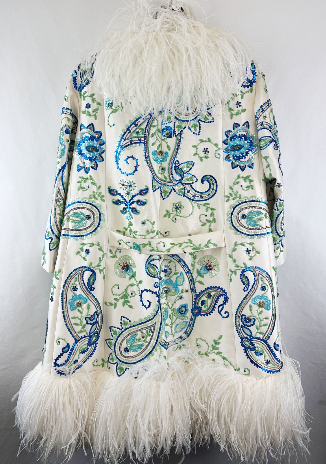 CHRISTIAN DIOR Paisley Ostrich Feather Coat 6 Ivory Blue Green Sequin Bead 2008