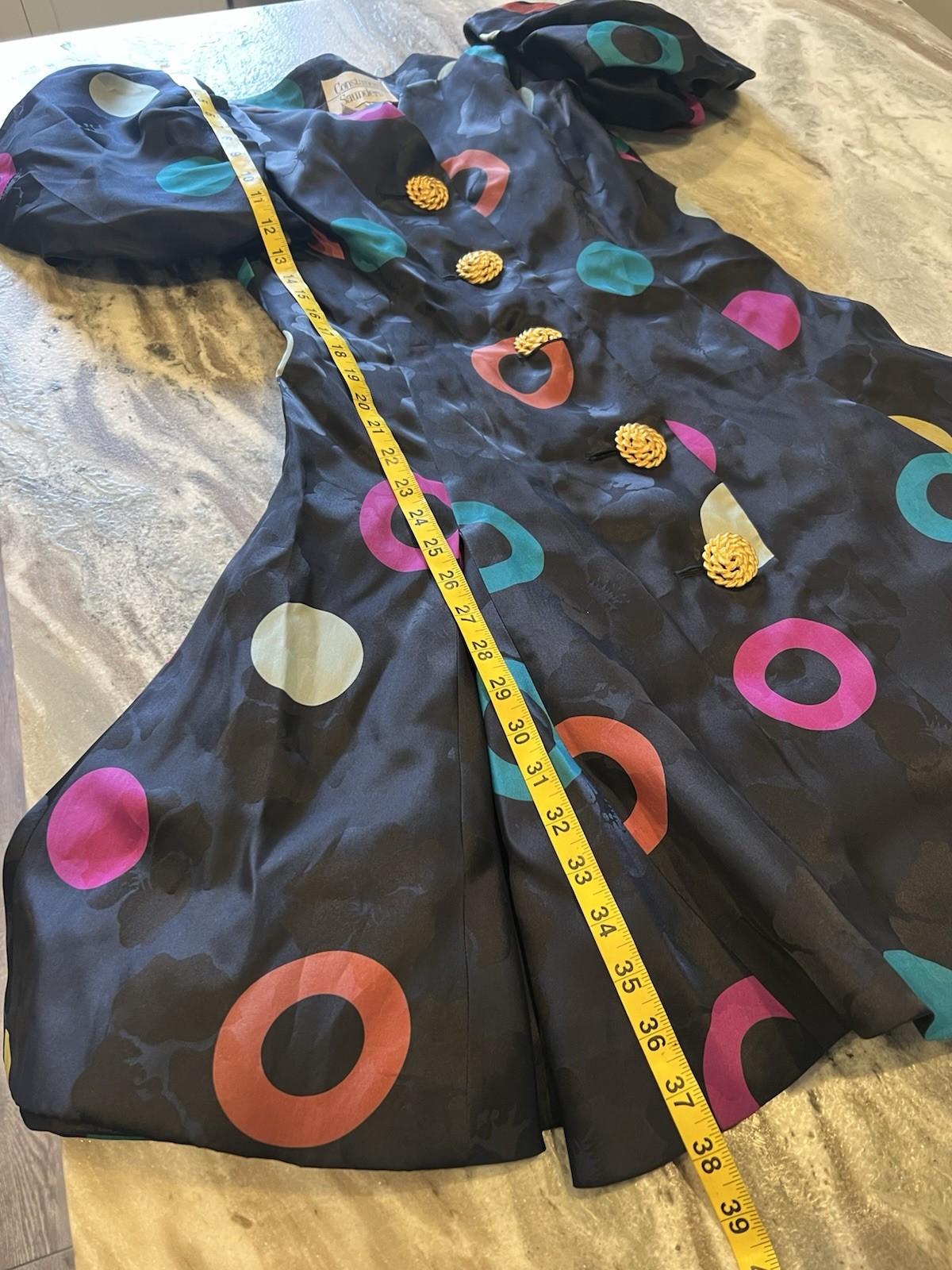 VTG Constance Saunders Size 8 1980s Silk Party Dress Pouf Sleeve Gold Buttons