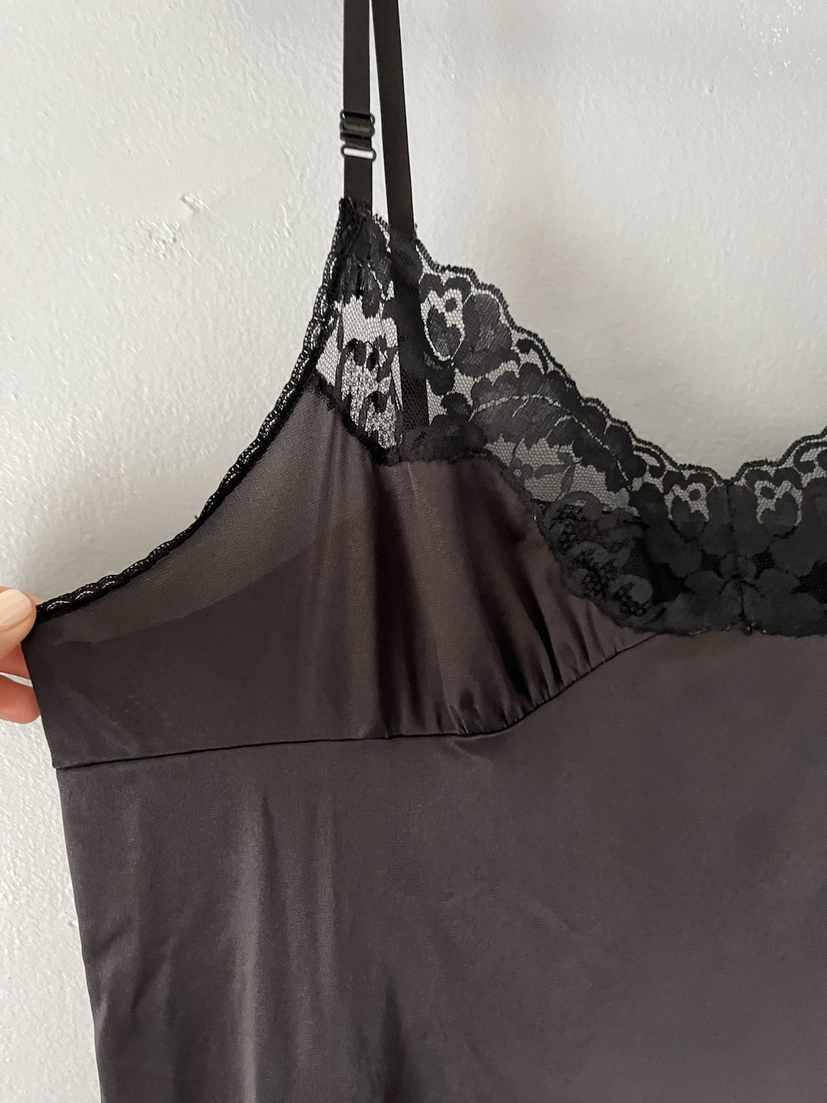 Vintage Vassarette Black Lace-Trimmed Satin Slip Dress Size 44/XL