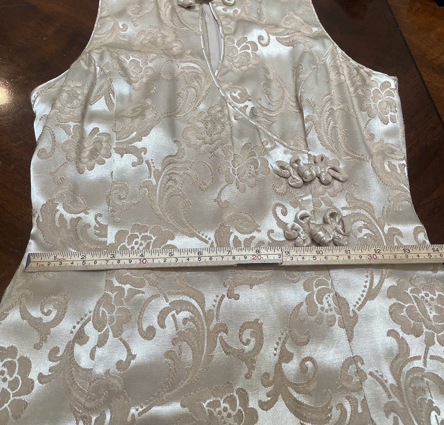 VTG 80s Niki Originals Brocade Cheongsam Maxi Gown Dress Gold Beige 14 Coquette