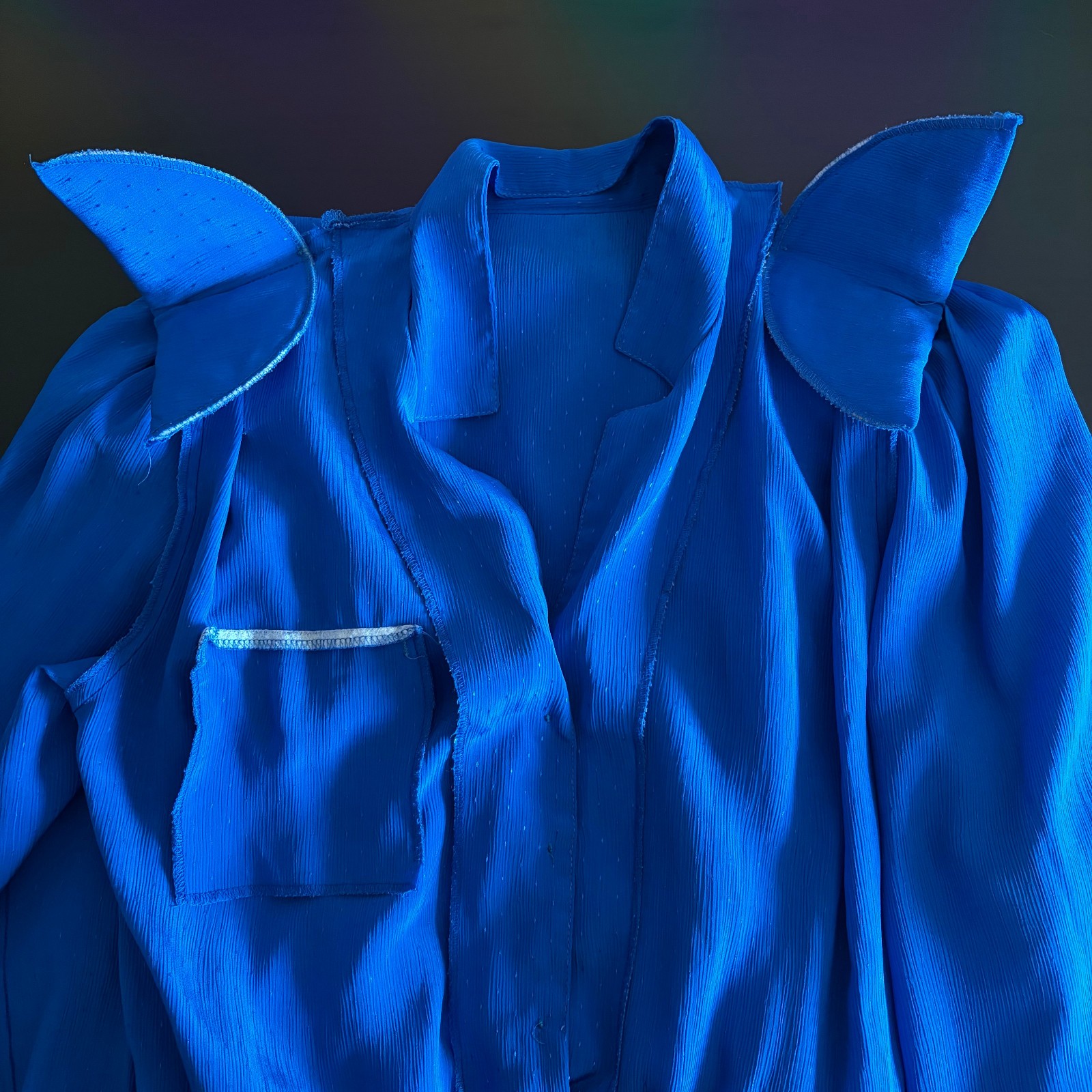 Vintage 80s L Secretary Dress: Cobalt Blue Satin Midi Vneck Blouson with Elastic