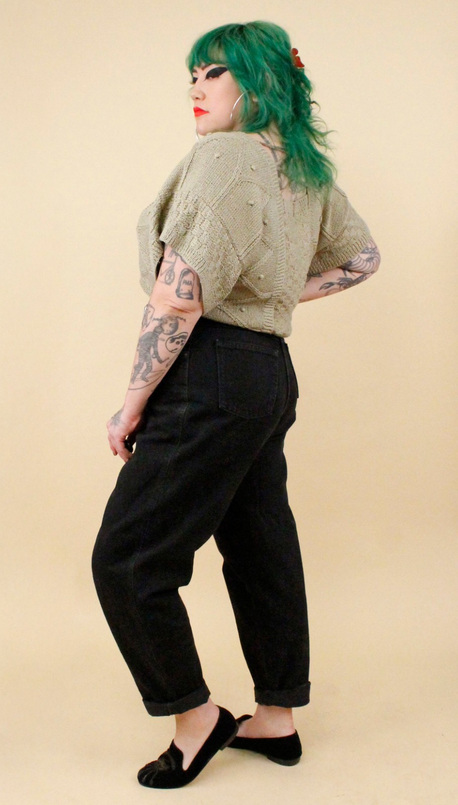 80s Vtg Jeanne Marc Olive Green Knit Cotton & Woven Leather Crop Sweater tag S-L