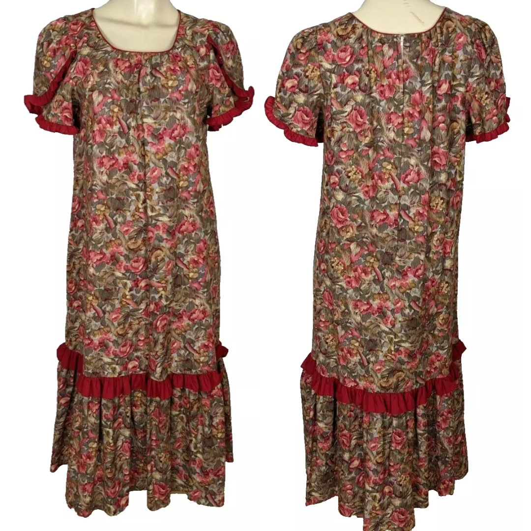 Vintage Kayla-g Hawaii ruffled Muu Muu cotton red floral dress sz Medium