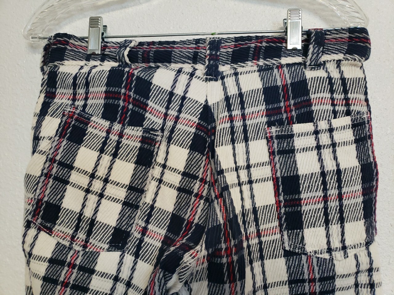 Vtg 60s 1970s Plaid Pants Cuffed 30×30 Red White Blue Bell Bottom Flare TopsAll