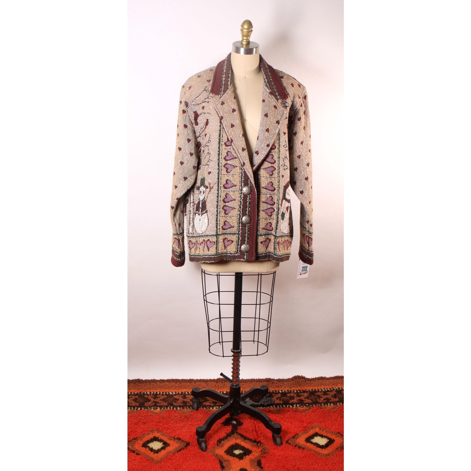 1980s 1990s Tan, Red and Green Novelty Tapestry Snowman Jacket by Painted Pony