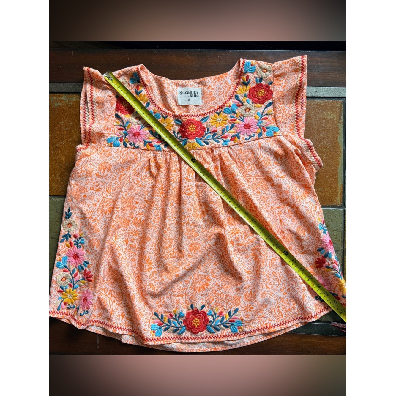 Savanna Jane 1xl orange retro art embroidery floral milkmaid fairy babydoll top
