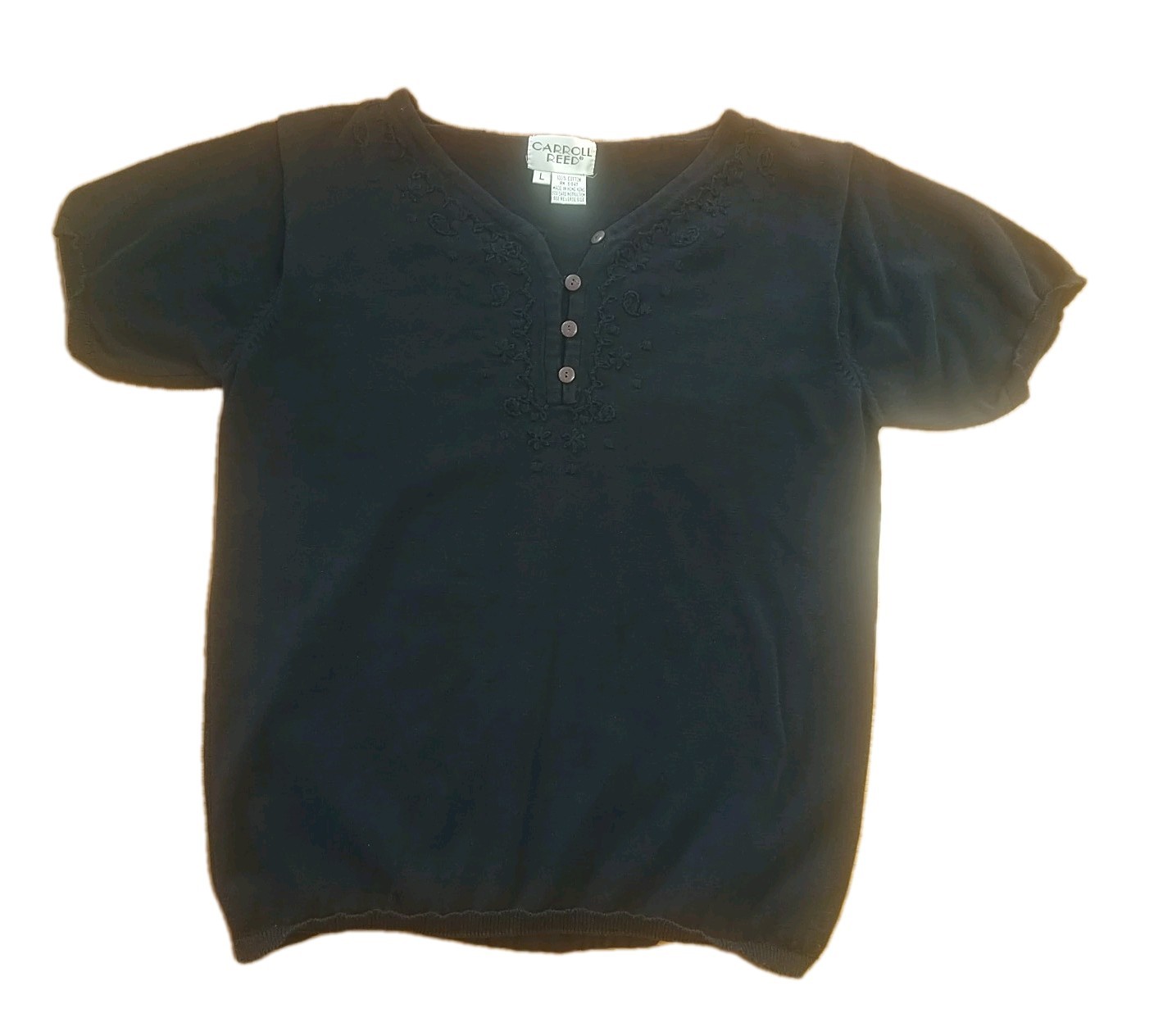 CARROLL REED Vintage Black Embroidered Blouse *SZ L* Made In Hong Kong