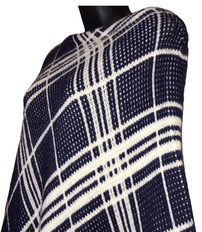 Vtg 70s Plaid Knit Turbo Orlon Acrylic PONCHO~Retro~Boho~Granny Core~Hippie~Mod