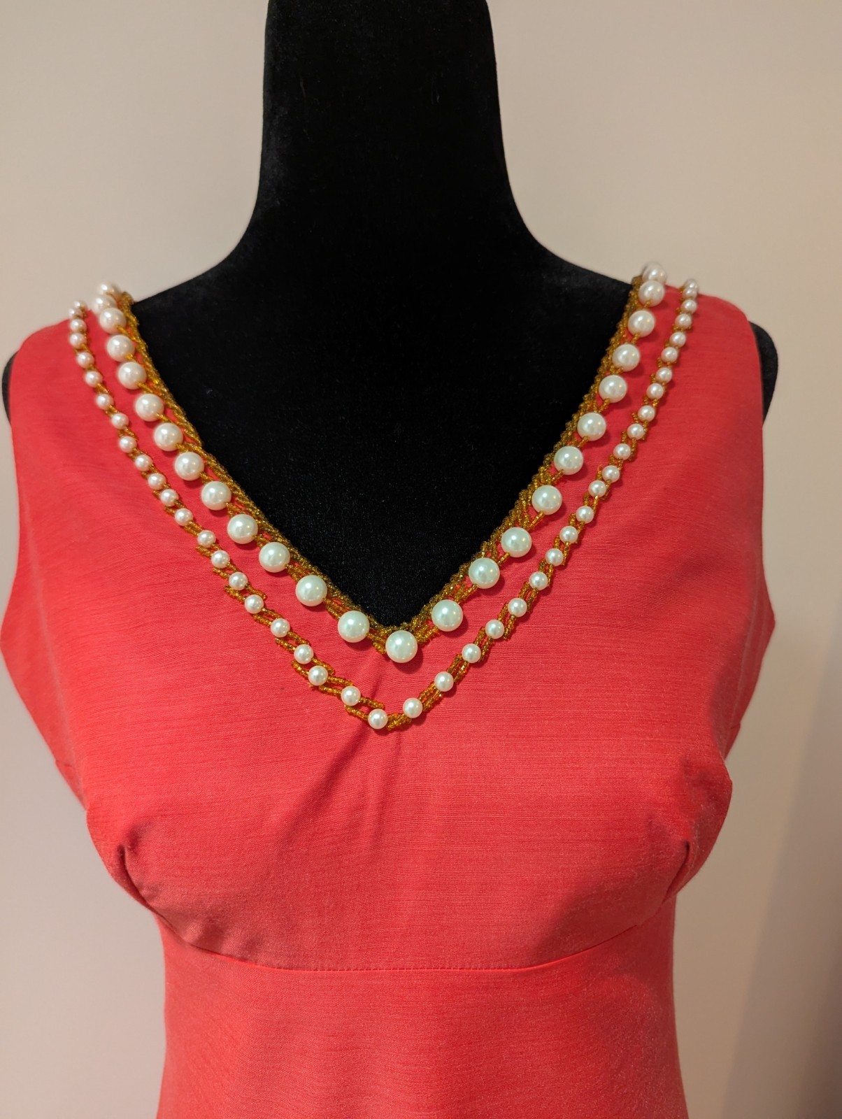 Vintage 1960s Virginia’s House Of Fashion Salmon Beaded Dress Empire Waist Small