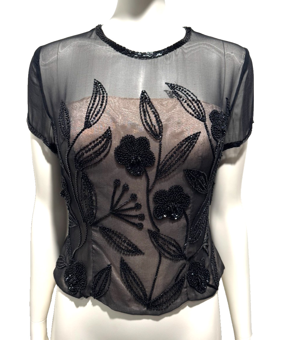 Vtg Adrianna Papell Evening Beaded Silk Top Black Illusion Sheer Nude Lace 6P