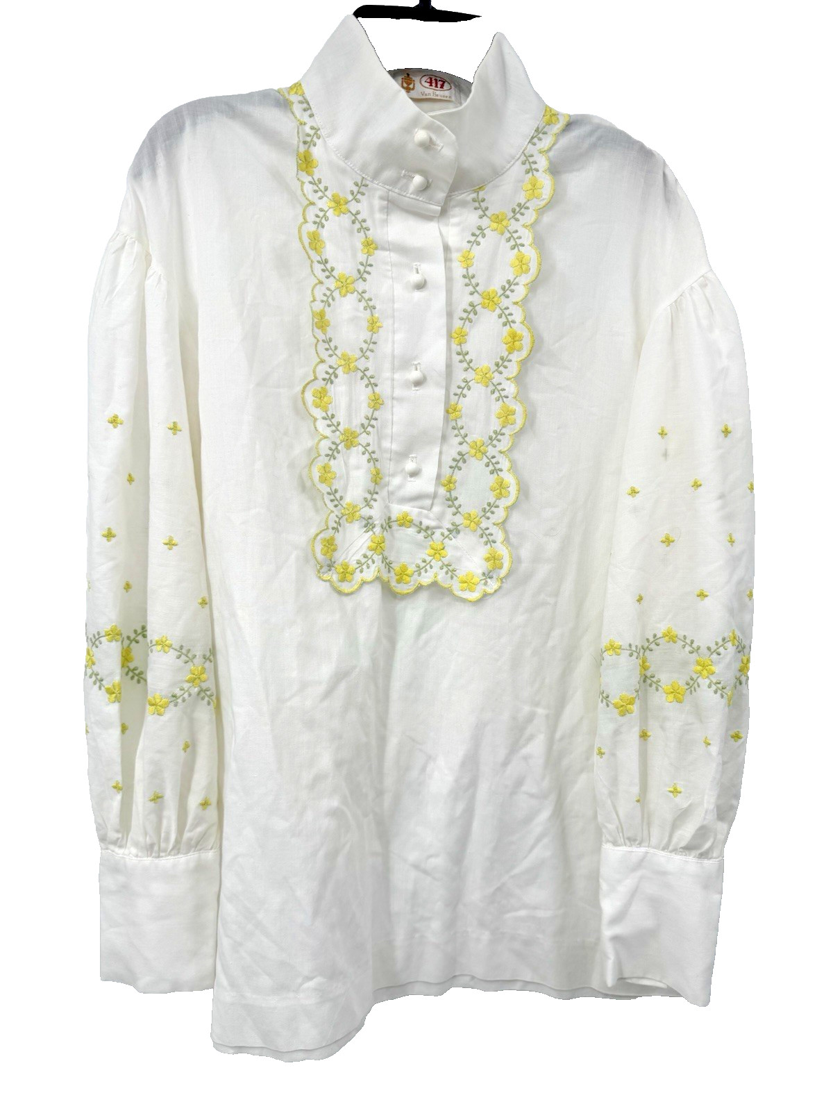 Vintage 417 Van Heusen Embroidered Blouse Hippie Peasant Yellow Flowers Size Med