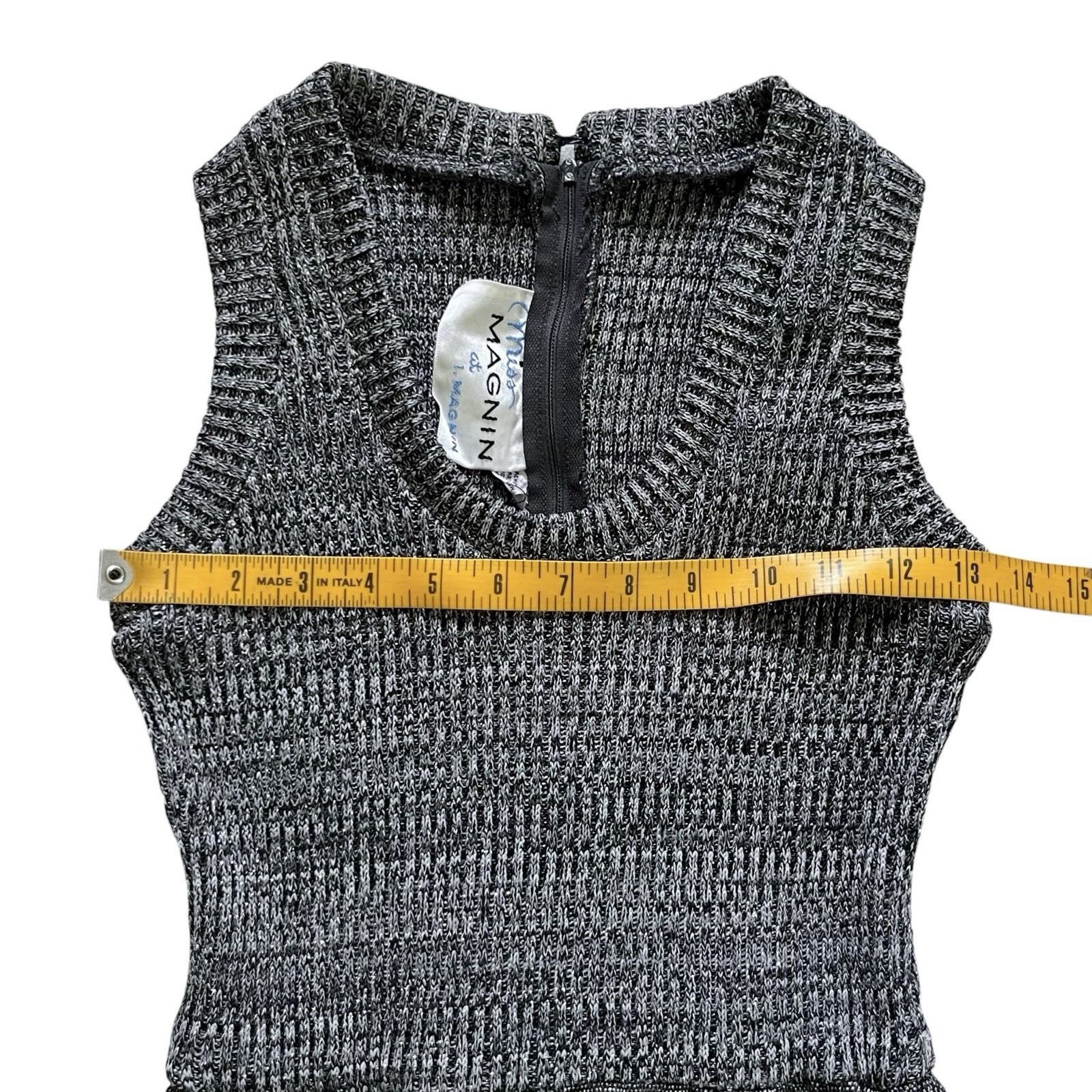 60s Vintage Black Silver Gray Ribbed Sweater Vest Pinafore Dress by Miss Magnin